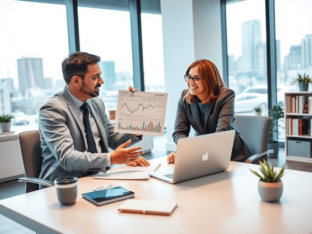 Два бизнесмена обсуждают график на встрече в офисе с большой панорамой. На столе ноутбук и документы.