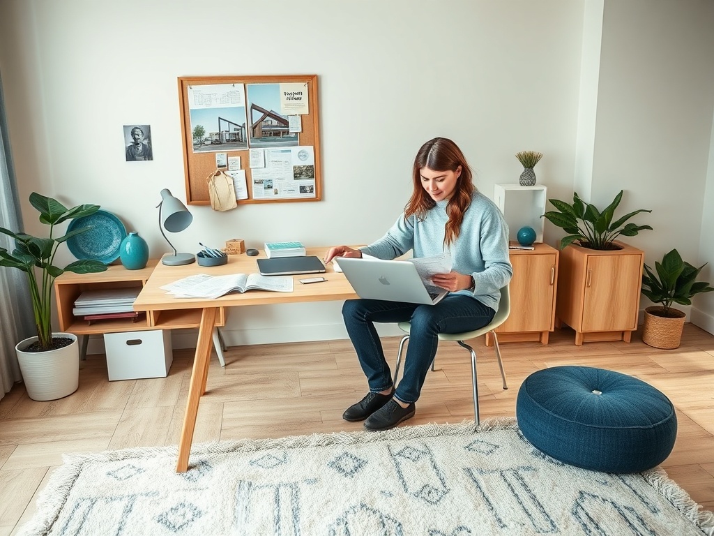 Женщина работает за столом с ноутбуком в светлом офисе, окружённом растениями и уютной атмосферой.