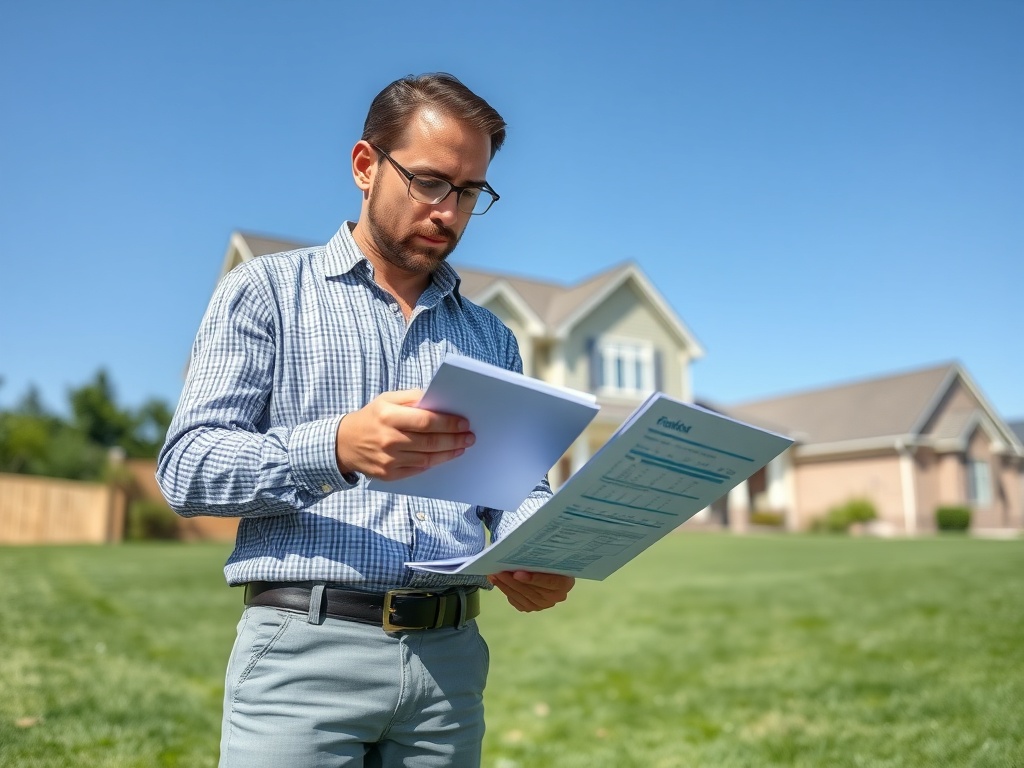 Мужчина в очках читает документы на фоне дома на зеленом газоне под ясным небом.