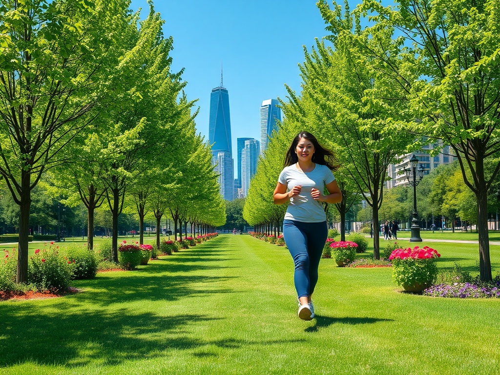 Женщина бегает по зеленому парку с цветами и высокими зданиями на заднем плане под ясным голубым небом.