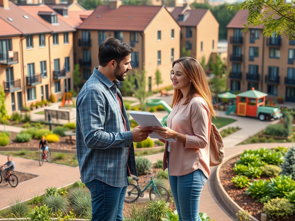 Парень и девушка общаются на фоне жилых домов и зеленого двора, они держат планшет.