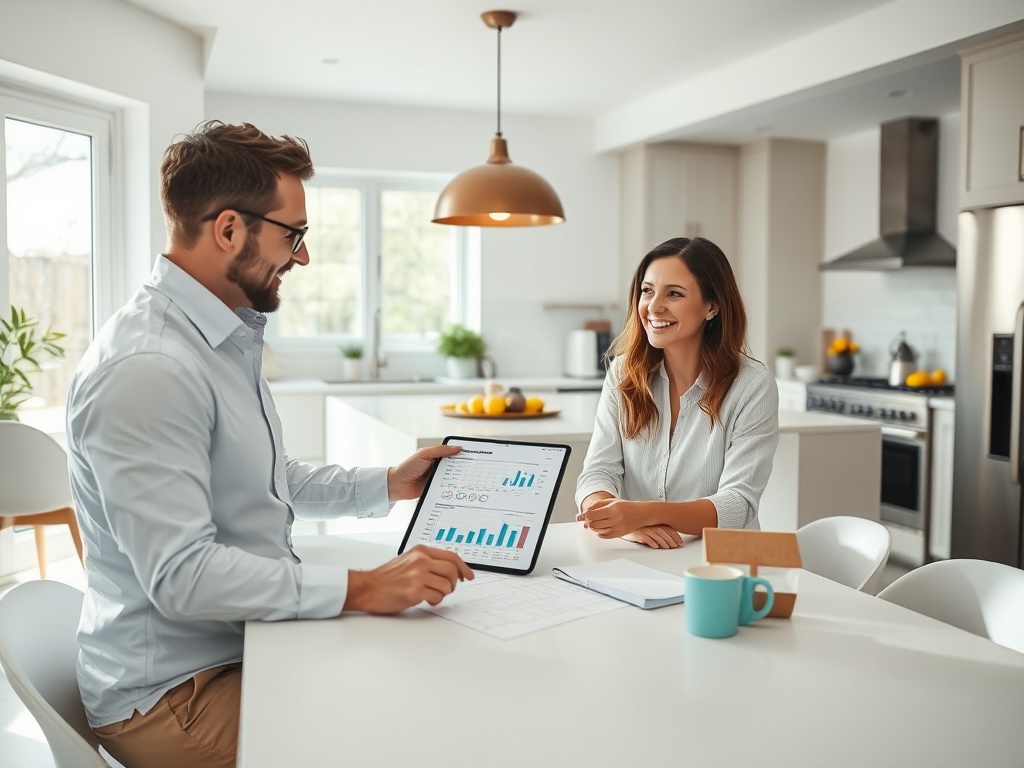 На столе рассматриваются графики, мужчина и женщина обсуждают данные, улыбаются в светлом кухонном интерьере.