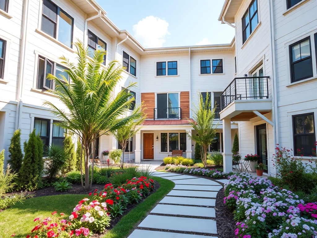 Красивая зеленая зона с цветами и тропинкой к входу, окруженная современными зданиями.