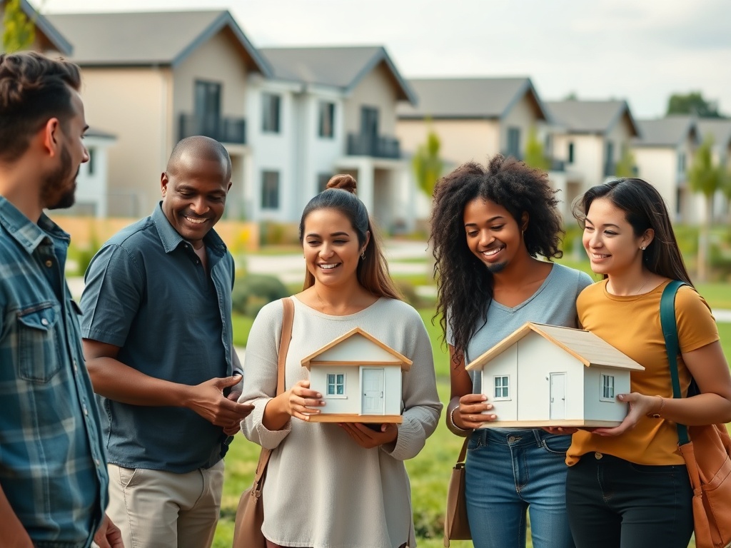 Группа людей, улыбающихся и держащих миниатюрные домики, на фоне жилого комплекса. Счастливый момент.
