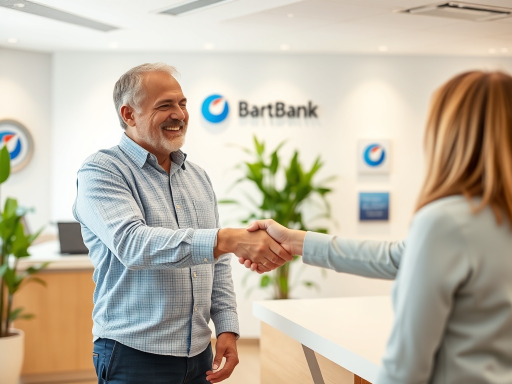Мужчина и женщина приветствуют друг друга в офисе банка, улыбаются и жмут руки. 