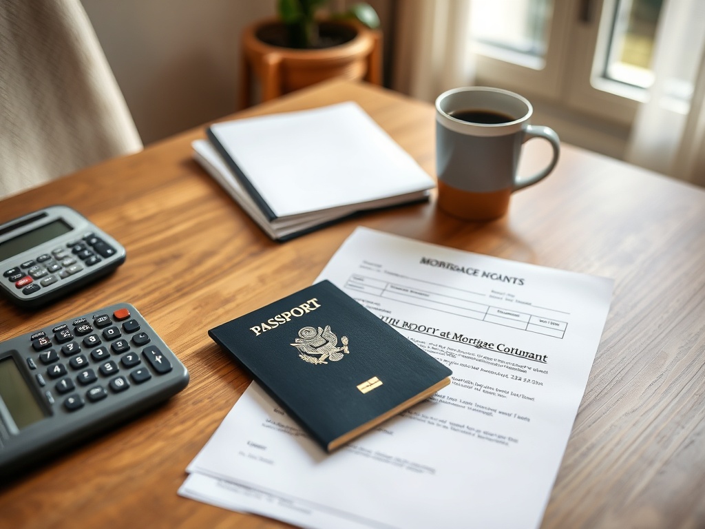 На столе паспорт, документы по ипотеке, калькуляторы и чашка кофе. Уютная рабочая атмосфера.