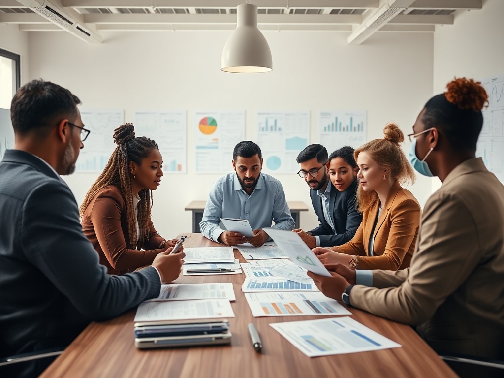 Группа людей обсуждает документы на деловой встрече в офисе. На стенах графики и диаграммы.