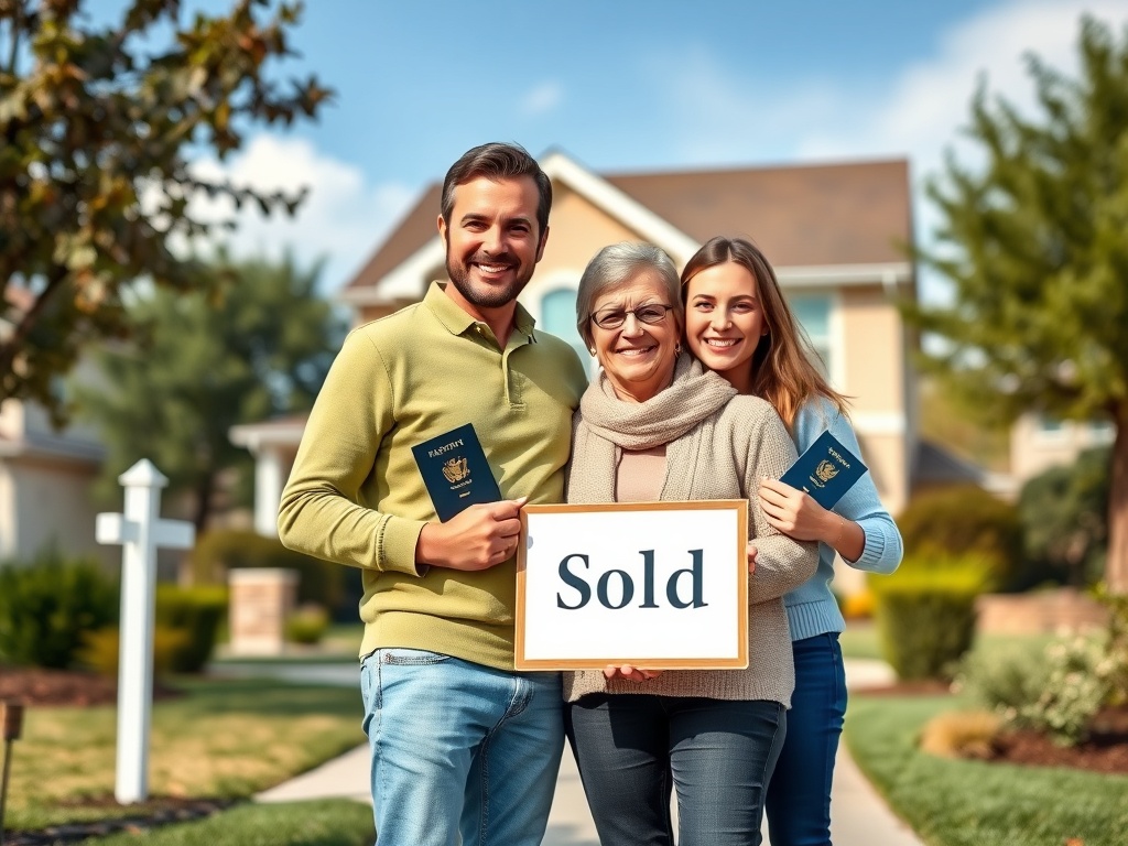 На фото счастливая семья с вывеской "Продано" перед домом, держащая паспорта в руках.