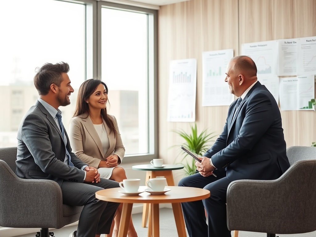 Два человека в деловых костюмах беседуют с мужчиной в формальном наряде в офисе с графиками на стенах.