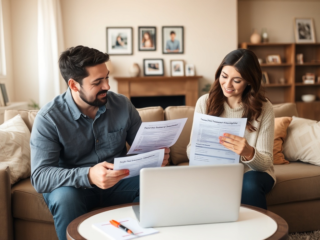 Пара просматривает документы, сидя на диване с ноутбуком на столе. Уютная домашняя обстановка.